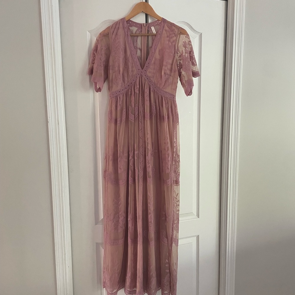 Pink a blush Size Small Pink Lace Mesh Overlay Maternity Maxi Dress